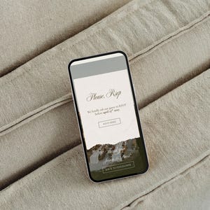 May include: A smartphone displaying a digital RSVP invitation with a torn paper effect. The screen shows the text Please. Rsvp, We kindly ask our guest to RSVP before april 27th 2027, RSVP HERE, Thank you, Jessica & David, and BACK TO ENVELOPPE.