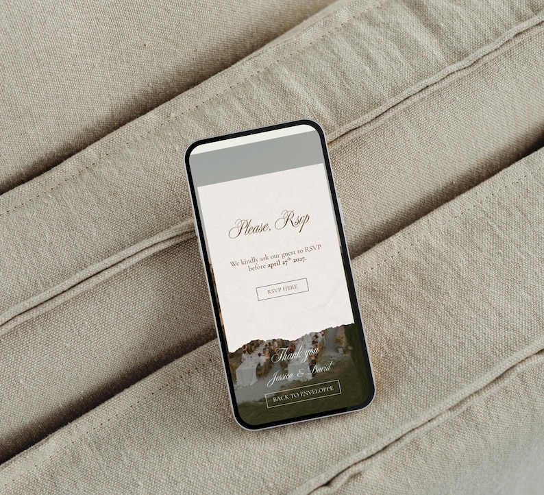 May include: A smartphone displaying a digital RSVP invitation with a torn paper effect. The screen shows the text Please. Rsvp, We kindly ask our guest to RSVP before april 27th 2027, RSVP HERE, Thank you, Jessica & David, and BACK TO ENVELOPPE.