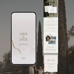 May include: A smartphone displaying a digital wedding invitation with the text Save the Date 26.08.2027 and an Open button. The screen features a cream-coloured background with a wavy gold-toned accent and a vertical layout showing event details.