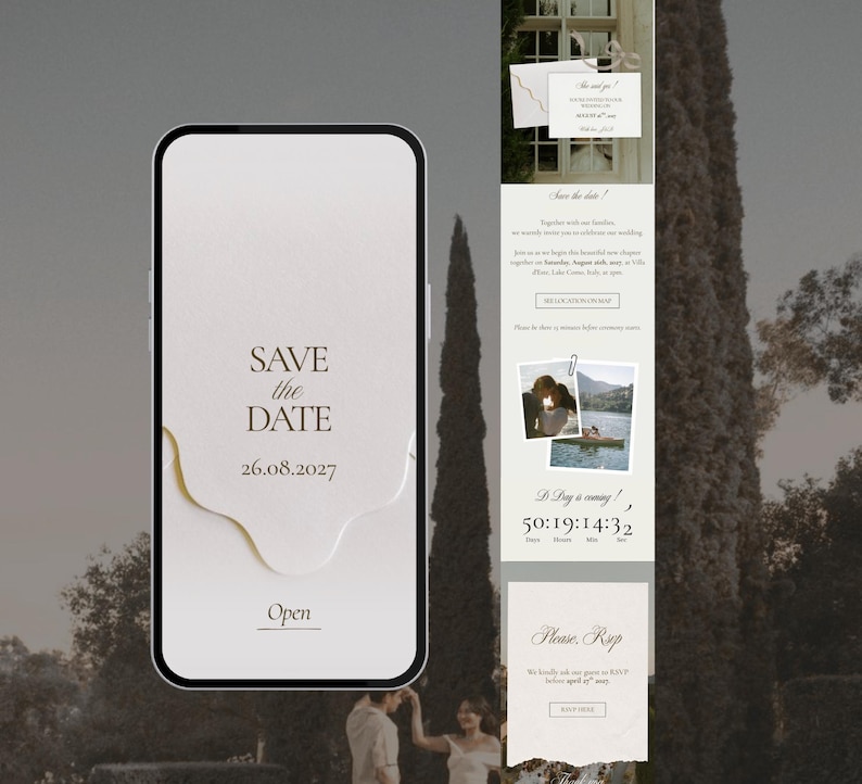 May include: A smartphone displaying a digital wedding invitation with the text Save the Date 26.08.2027 and an Open button. The screen features a cream-coloured background with a wavy gold-toned accent and a vertical layout showing event details.