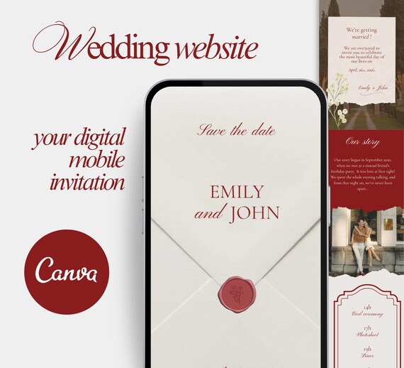 Modèle de site de mariage – Faire-part digital mobile Canva - Invitation de mariage numérique à personnaliser - Site web save the date Canva