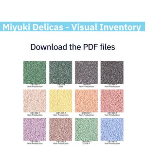 Könnte beinhalten: Eine visuelle Inventarliste von Miyuki Delicas-Perlen, mit einem Raster von Farbmustern. Jedes Muster ist mit einem Code versehen und als "Non Production" gekennzeichnet. Das Bild enthält den Text "Download the PDF files" und das Pontu Alba-Logo.