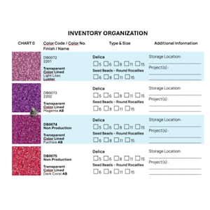 May include: An inventory organization chart with color codes, names, and sizes for various types of beads. The chart includes Delica and Seed Beads in sizes 5, 6, 8, 11, and 15. The colors include Transparent Color Lined Light Lilac Luster, Magenta AB, Fuchsia AB, and Dark Coral AB.