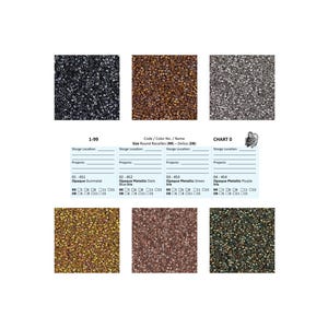 May include: A chart displaying six color swatches of Size Round Rocaille beads. The colors include opaque gunmetal, opaque metallic dark blue iris, opaque metallic green iris, opaque metallic purple iris, and two other colors. The chart also includes text.