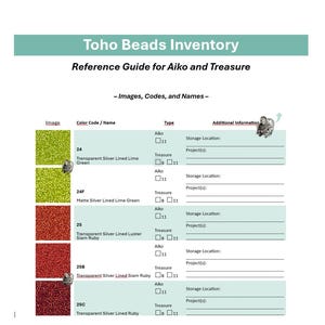 May include: A Toho Beads inventory reference guide with images, codes, and names. It details bead types like Transparent Silver Lined Lime Green and Siam Ruby, with colour codes. Includes storage location and project details for each bead type, in a table format.