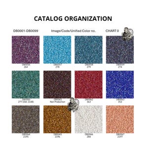 Peut inclure: Une page de catalogue intitulée « ORGANISATION DU CATALOGUE » affiche un nuancier de perles variées. Le tableau comprend des rangées de petits échantillons de perles colorées avec des codes et des numéros correspondants. Les couleurs vont du violet et du bleu au vert, marron, rouge et blanc.