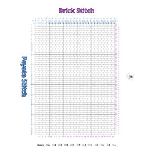 Puede incluir: Un gráfico blanco con un patrón de cuadrícula etiquetado como "Brick Stitch" y "Peyote Stitch" en texto morado y azul. La cuadrícula está dividida en pequeñas celdas rectangulares, con números y letras en los bordes. Una clave de color está en la parte inferior.