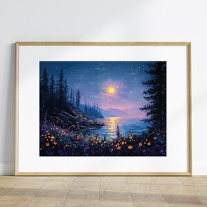 Mystic Bloomlight – Arte digital de parede com paisagem floral de floresta ao luar, pintura de árvore celestial, decoração de natureza para impressão