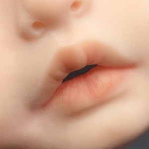 May include: Close-up of a pale, smooth surface with a focus on the lips and a small portion of the nose. The lips are a natural pink hue, with a slightly open mouth revealing a dark interior. The skin has a soft, realistic texture.
