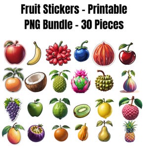 Fruit Stickers Bundle – 30 Printable PNG Stickers – Kawaii Fruit Clipart – Digital Download for Planners, Journaling & Crafts