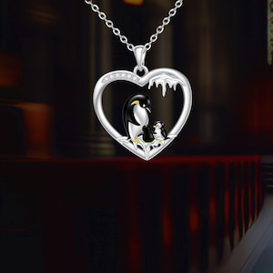 Penguin Mother And Child Love Heart Necklace 925 Sterling Silver Penguin Jewelry For Women
