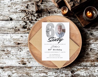 60th Birthday Invite, Look Who's 60, 60th Birthday Invitation with Photo, Simple 60th Invite, Sixty Birthday, Invite for Man Woman, Evite