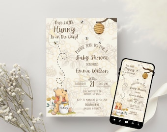 Convite editável para chá de bebê do Ursinho Pooh, convite clássico para chá de bebê do Ursinho Pooh, convite vintage para chá de bebê do Ursinho Pooh para impressão