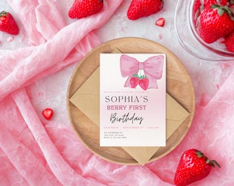 Berry First Birthday Invitation Bundle, Pink Bow Strawberry 1st Birthday invite Template, Berry Bday Evite, 1st Birthday Girl Party, Canva