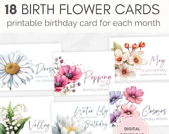 Birth Month Card, Printable Birth Flower Card, Birthmonth Birthday E-card, Floral Birth Day Cards, Digital Postcard, Happy Birthday E-cards