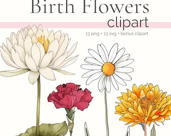 Birth Flower Clipart, Birth Month Flower PNG, Birthflower Clip Art, Birthmonth Flowers, Floral PNGs, Flowered Botanical Birthday Month SVG