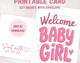 Printable Baby Girl Card, Welcome Newborn Postcard, Digital Child Birth Gift, Nursery Shower Party, New Born Arrival, Mom Congratulations