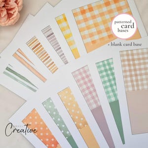 May include: A collection of patterned card bases with various designs, including gingham, stripes, and polka dots in shades of orange, yellow, pink, green, and beige. The text "patterned card bases" is visible. The brand name "ANDEL Creative" is also visible.