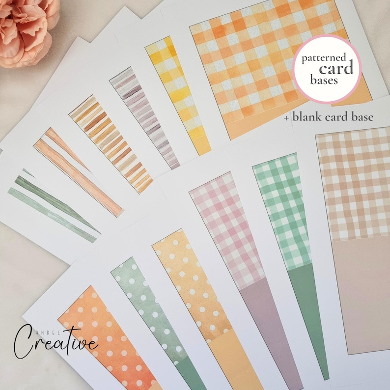May include: A collection of patterned card bases with various designs, including gingham, stripes, and polka dots in shades of orange, yellow, pink, green, and beige. The text "patterned card bases" is visible. The brand name "ANDEL Creative" is also visible.