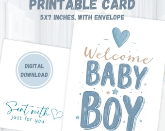 Welcome Baby Boy Card: Printable Newborn Announcement (Digital Download, PDF Files Included)