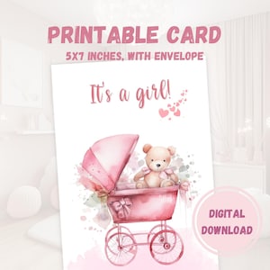 Cartão de boas-vindas para menina, cartão postal para recém-nascido para impressão com ursinho de pelúcia fofo em aquarela, anúncio de menina, parabéns aos novos pais