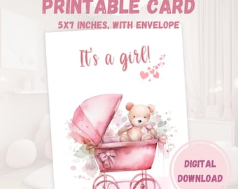 Welcome Baby Girl Card, Printable Newborn Postcard with Cute Watercolor Teddy Bear, It's a Girl Announcement, Congratulations New Parents
