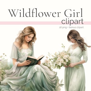 Clipart de niña con flores silvestres de menta, acuarela romántica de verano leyendo flores silvestres PNG, elegantes flores silvestres, novia de boda botánica floral