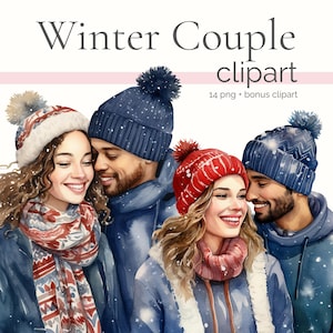 Amoureux de la nature, PNG, Clipart couple hiver aquarelle, ensemble de gens amoureux, clipart Couples romantiques, Noël bleu, vacances confortables, homme et femme