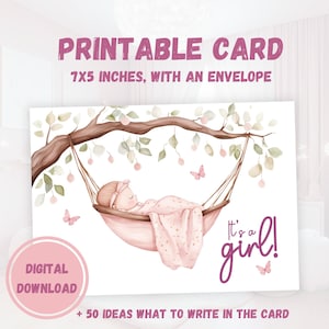 Tarjeta de bienvenida para niña, postal imprimible para recién nacida, regalo digital de nacimiento, fiesta de baby shower, llegada del recién nacido, felicitaciones para mamá