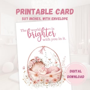Tarjeta imprimible para bebé niña, postal de bienvenida para recién nacida, regalo digital de nacimiento, fiesta de baby shower, llegada del recién nacido, felicitaciones para mamá
