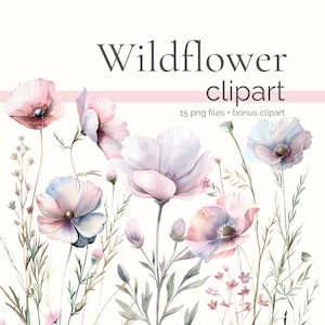 May include: Watercolor clipart featuring 15 delicate pink and blue wildflowers with green stems and leaves. The flowers have a soft, watercolor look and are perfect for adding a touch of nature to your designs.