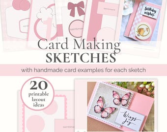 Bocetos para hacer tarjetas, plantilla imprimible, materiales para tarjetas de felicitación hechas a mano, diseño de postales digitales, kit de manualidades Sizzix para principiantes