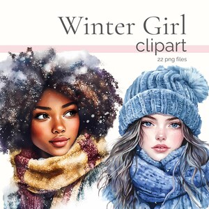 Zestaw clipartów Winter Girl, akwarela Boże Narodzenie PNG, przytulny sezon świąteczny, grafika wektorowa Xmas, ilustracja kobiety mody, świąteczne zakupy PNG