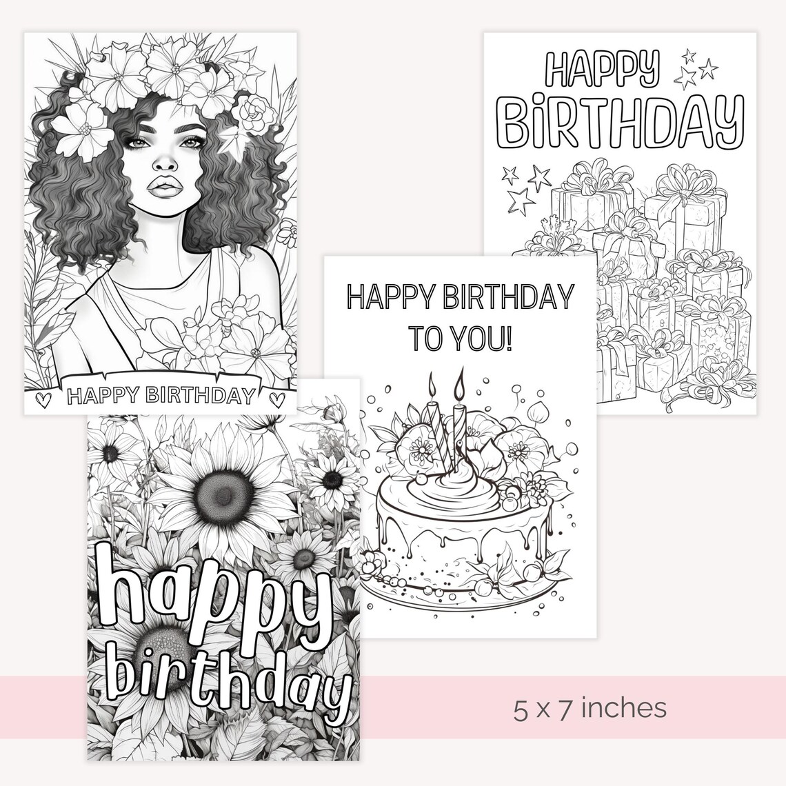 Printable Coloring Happy Birthday Cards for Adults, Digital Colouring