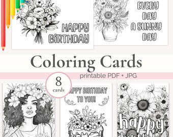 Printable Coloring Happy Birthday Cards for Adults, Digital Colouring Card, Color Your Own Greeting Card, Crafts Bundle, Craft Activity Gift