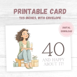 40e verjaardagskaart, afdrukbare gelukkige verjaardagskaart voor een vrouw die 40 wordt, digitale mijlpaal geboortedag, e-card meisje felicitatie veertig