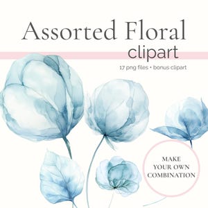 Imágenes prediseñadas de flores variadas, flores azul polvoriento PNG, elementos florales individuales, imágenes prediseñadas de flores, hojas prensadas, vegetación elegante en acuarela