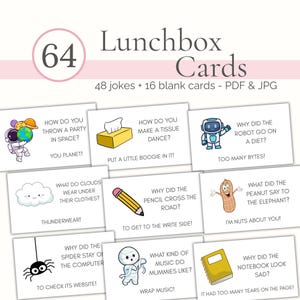May include: A set of 64 lunchbox cards with jokes and blank cards. The cards feature colorful illustrations and puns, including an astronaut, robot, and peanut. The text on the cards includes jokes like "Why did the robot go on a diet? Too many bytes!"
