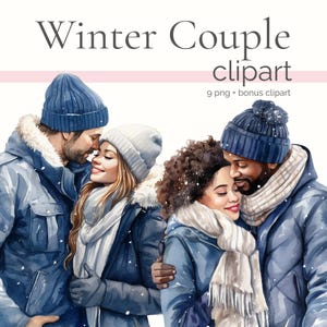 Aquarell Winter Paar Clipart, Liebhaber PNG, Verliebte Bündel, Romantische Paare Clip Art, Blaue Weihnachten, Gemütliche Ferien, Mann und Frau