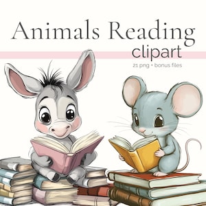 Imágenes prediseñadas de animales bebés leyendo, imágenes prediseñadas de animales del bosque amantes de los libros, imágenes prediseñadas de criaturas de dibujos animados adorables amantes de los libros, imágenes prediseñadas de ratones de biblioteca para guardería leyendo libros