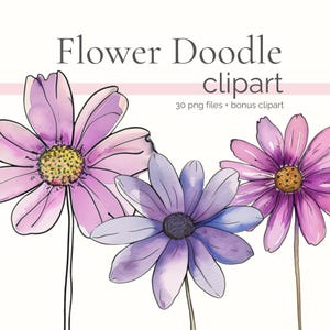 Rosa Blumen Doodle Clipart, lila Blumen Doodles, süßes Gänseblümchen PNG, Blumen Skizze Clip Art, geblümtes Umrissset, Botanischer Garten Bundle