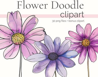 Pink Flower Doodle Clipart, Purple Flowers Doodles, Cute Daisy PNG , Floral Sketch Clip Art, Flowered Outline Set, Botanical Garden Bundle