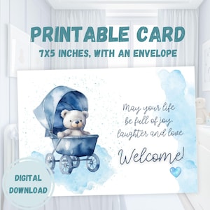 Carte de bienvenue de bébé garçon, carte postale imprimable d'arrivée de nouveau-né, c'est une fête de douche d'annonce de garçon, aquarelle numérique bleu ours en peluche félicitations
