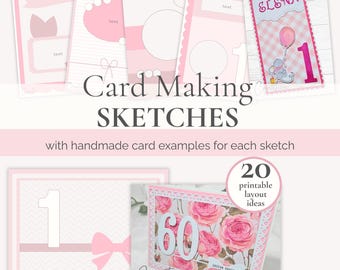 Bocetos para hacer tarjetas, plantilla imprimible, materiales para tarjetas de felicitación hechas a mano, diseño de postales digitales, kit de manualidades Sizzix para principiantes