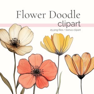May include: A set of four hand-drawn flower illustrations in various colors, including yellow, orange, and pink. The flowers are outlined in black and have a watercolor effect. The flowers are perfect for adding a touch of whimsy to any project.