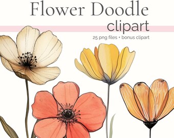 Fall Flowers Doodle Clipart, Cozy Autumn Flower Doodles, Cute Wild Daisy PNG, Floral Sketch Set, Flowered Clip Art, Botanical Garden Bundle