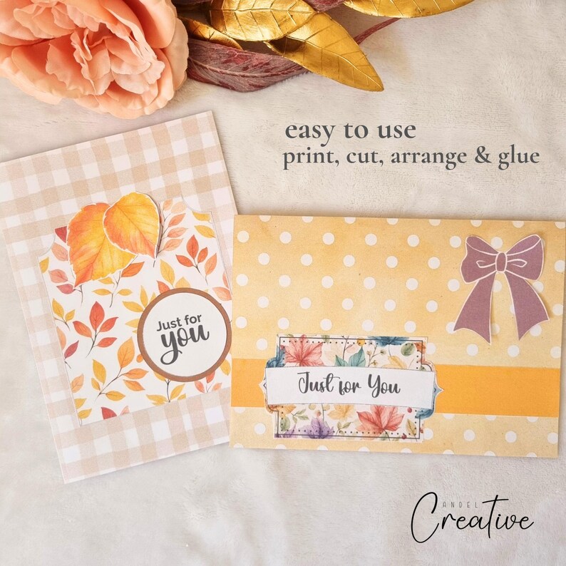 May include: Two handmade greeting cards with fall-themed designs. One card features a leaf pattern and the text "Just for you." The other card has a polka dot background, a bow, and the text "Just for You."