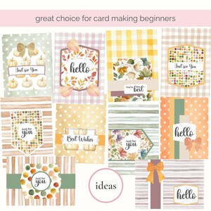 May include: A collection of handmade greeting card designs with fall themes. The cards feature watercolor illustrations of pumpkins, leaves, and bows, with text that reads "hello", "Just for You", and "Best Wishes". The text "great choice for card making beginners" is also visible.