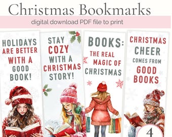 Printable Christmas Bookmarks, Digital Download Book Lover Gift, Reading Accessories, Love Reading Bookmark, Set of 4 Bookmarkers to Print