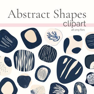 May include: A set of 46 digital clipart images featuring abstract shapes in navy blue and cream colours. The shapes are organic and have different textures and patterns.